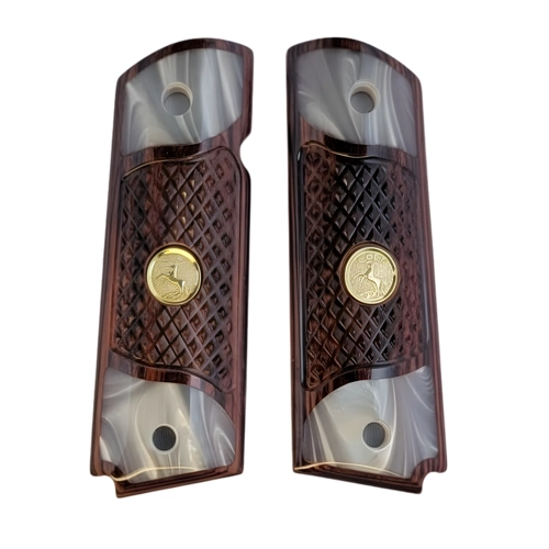 1911 rosewood grips full size checkered natural rosewood with acrylic pearl and gold rearing horse medallion