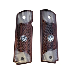 1911 rosewood grips full size checkered rosewood panels with acrylic pearl and black Ruger medallion