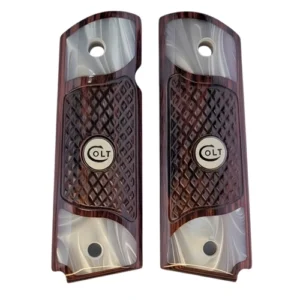 1911 rosewood grips full size checkered with acrylic pearl accent and white Colt medallion