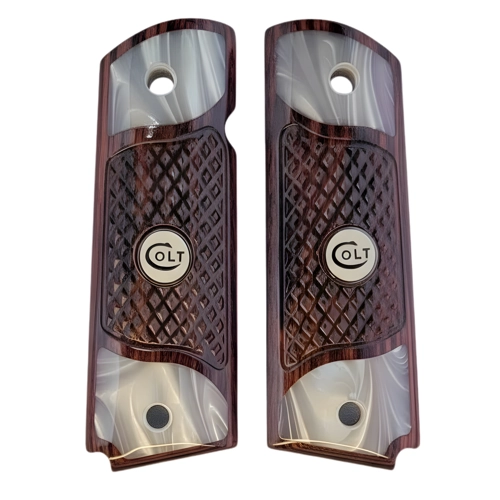 1911 rosewood grips full size checkered with acrylic pearl accent and white Colt medallion