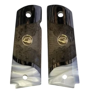 1911 rosewood grips hand-carved black wood with acrylic pearl inlay and Colt medallion