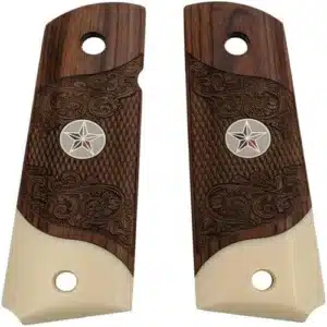 1911 rosewood grips hand-carved with acrylic ivory accent and Texas Star medallion — full size