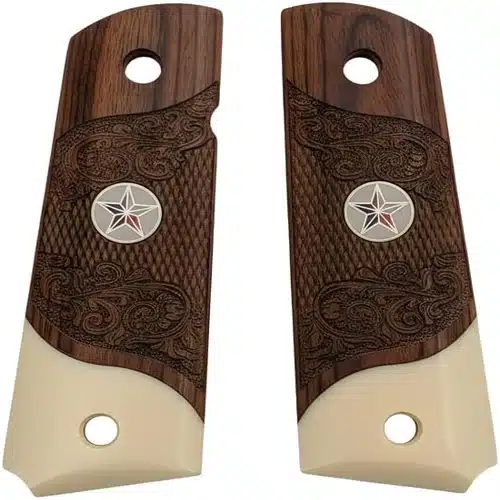 1911 rosewood grips hand-carved with acrylic ivory accent and Texas Star medallion — full size