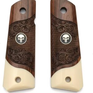 1911 Full Size Carved Rosewood Grips w/Acrylic Ivory Accent with Black PunisherMedallion