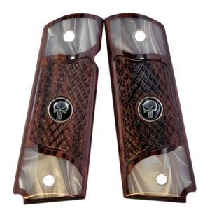 1911 Full Size
  Checkered Rosewood and Acrylic Pearl Grips with Black Punisher Medallion