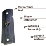 Black Punisher Medallion close-up on 1911 full size black rosewood grip panels