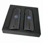 Black laminate 1911 gun grips with blue Colt medallion ambi cut full size pistol