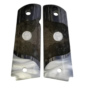 Carved Black Rosewood 1911 Grips with acrylic pearl accent and inlaid silver Punisher medallion, full size for Colt Government, Kimber, Springfield, and 1911 Government-model clones