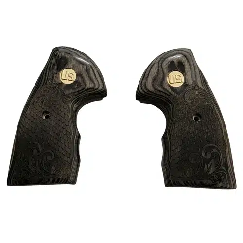 Colt Python grips with gold U.S. medallion on black rosewood with scrollwork and scale carving