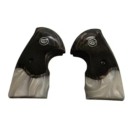 Colt Python wood grips in black rosewood with pearl acrylic inlay, black medallion, and silver COLT