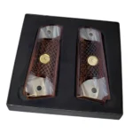 colt 1911 grips checkered rosewood panels with gold rampant horse medallion and pearl accent