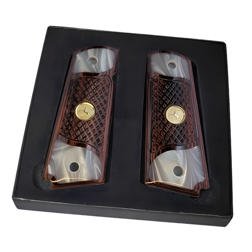 colt 1911 grips checkered rosewood panels with gold rampant horse medallion and pearl accent