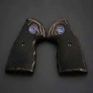 Colt Anaconda grips in black rosewood Dymondwood with checkering and blue Colt medallion