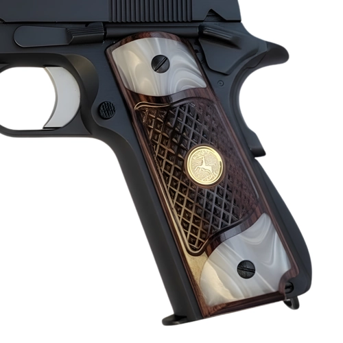 custom grip for 1911 checkered rosewood acrylic pearl gold rearing horse Kimber Colt Springfield