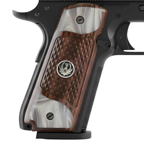 custom grip for 1911 checkered rosewood with black Ruger medallion drop-in fit