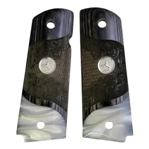 1911 rosewood grips full size carved black wood with acrylic pearl and silver rearing horse medallion