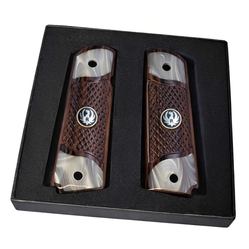 premium 1911 grips for sale checkered rosewood pearl accent Ruger SR1911 Colt Kimber compatible