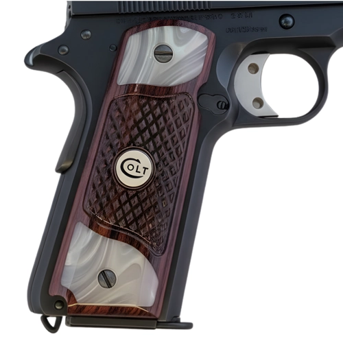 rosewood gun grips fitted on 1911 Government model full size pistol