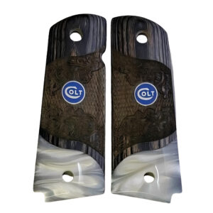 1911 Full Size Carved
Black Rosewood Grips w/Acrylic Pearl and Blue COLT Medallion