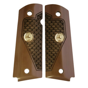 1911Full size Grips in
faux Mammoth Bark with Gold Medallion with Rearing Horse fits COLT and Most
Clones