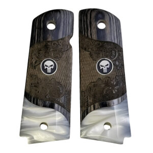 1911 Full Size Carved  Black Rosewood Grips w/Acrylic Pearl and Black Punisher Medallion