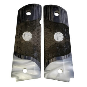 1911 Full Size Carved
  Black Rosewood Grips w/Acrylic Pearl and Silver Punisher Medallion