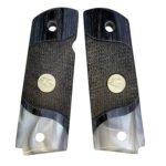 Checkered 1911 grips in black rosewood with acrylic pearl accent and gold eagle medallion