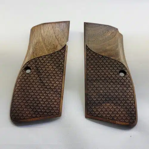 Browning Hi Power grips in walnut with scales pattern carving — fits Hi Power Mark III and P35 frames