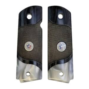 Checkered black rosewood 1911 grips full size with acrylic pearl accent and Texas Star medallion
