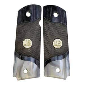 Checkered black rosewood 1911 grips full size with acrylic pearl accent and gold medallion featuring raised U.S. letters