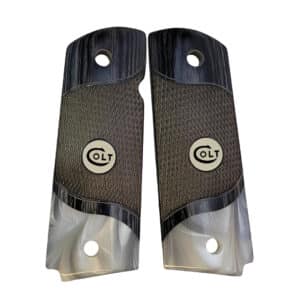 Checkered black rosewood 1911 grips full size with acrylic pearl accent and white COLT medallion