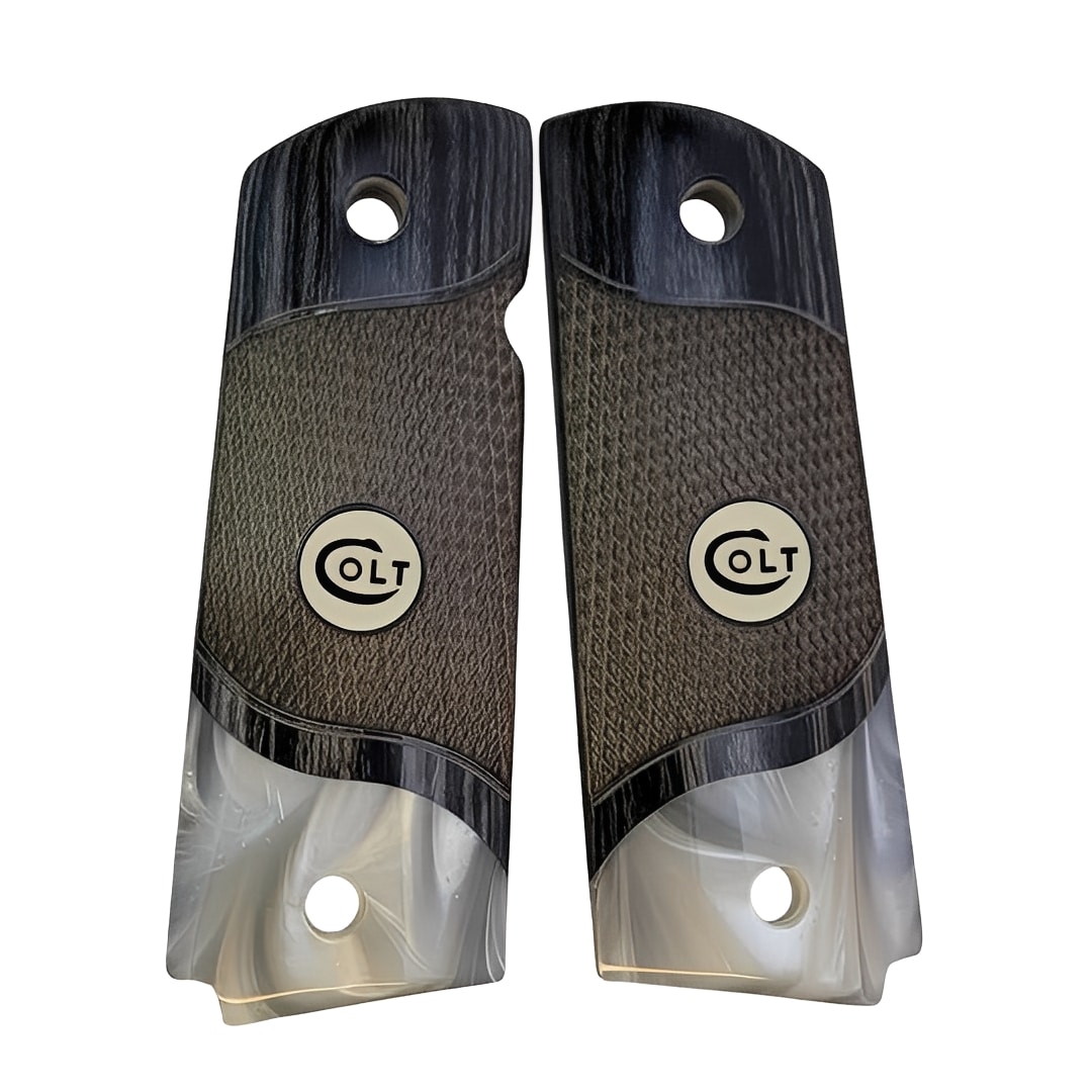 Checkered black rosewood 1911 grips full size with acrylic pearl accent and white COLT medallion