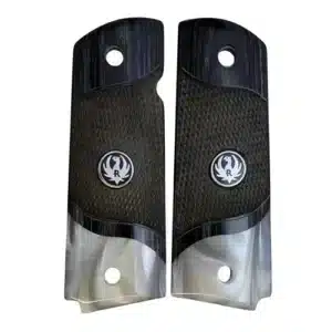 Double diamond 1911 grips in checkered black rosewood with acrylic pearl accent and black Ruger medallion