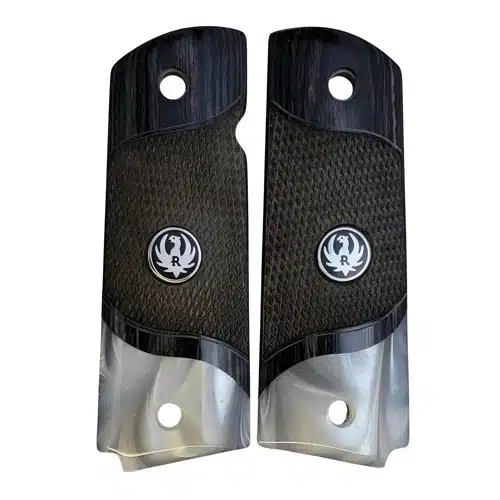 Double diamond 1911 grips in checkered black rosewood with acrylic pearl accent and black Ruger medallion