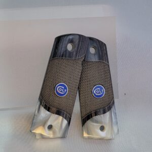 Premium 1911
  Full-Size Custom Grip Set – Heirloom Grade Checkered Black Rosewood with
  Iridescent Pearl Inlay and Silver Emblem Accents