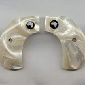 Ruger Wrangler
  Birdshead Grips in White Pearl Acrylic with Screaming Eagle Medallion