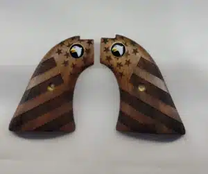 Heritage Rough Rider American Flag Grips — solid walnut with carved flag design and Screaming Eagle medallion for .22 LR and .22 Magnum