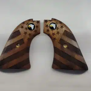 Heritage Rough Rider American Flag Grips — solid walnut with carved flag design and Screaming Eagle medallion for .22 LR and .22 Magnum