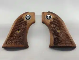 Heritage Rough Rider Black Punisher Grips — solid walnut with oakleaf checkering and Black Punisher medallion for .22 LR and .22 Magnum
