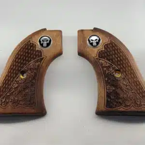 Heritage Rough Rider Black Punisher Grips — solid walnut with oakleaf checkering and Black Punisher medallion for .22 LR and .22 Magnum