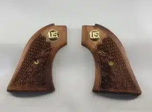 Heritage Rough Rider US Gold Medallion Grips — solid walnut with oakleaf checkering for .22 LR and .22 Magnum revolver
