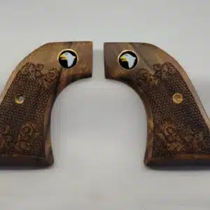 Ruger Wrangler Walnut Scrollwork Grips Screaming Eagle Medallion — laser-carved solid walnut single-action revolver grip panels