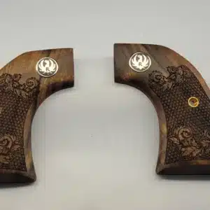 Ruger Wrangler walnut grips with laser-carved scrollwork and black Ruger medallion