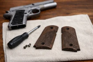 Worn rosewood gun grips removed from firearm and set on a cloth to clean and condition, showing dull surface and aged wood grain.
