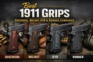 best 1911 grips comparison with rosewood, walnut, G10 and rubber materials side by side