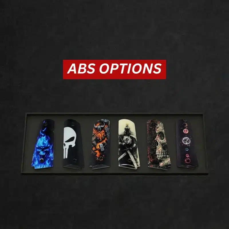 ABS plastic gun grip options displayed in textured, stippled, and smooth finishes for handguns