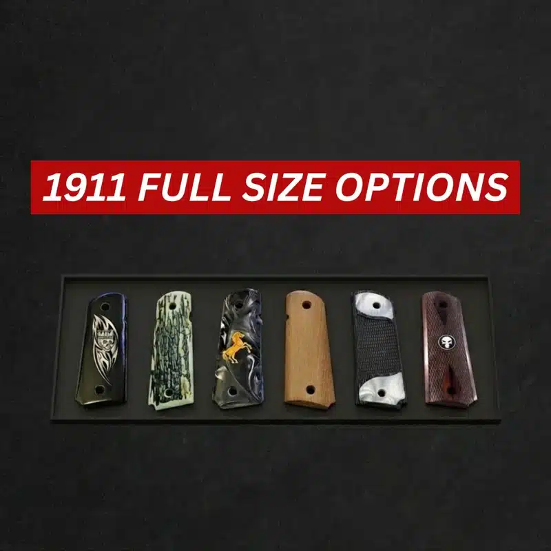 Assortment of 1911 full-size pistol grip options including wood, G10, and rubber styles displayed side by side