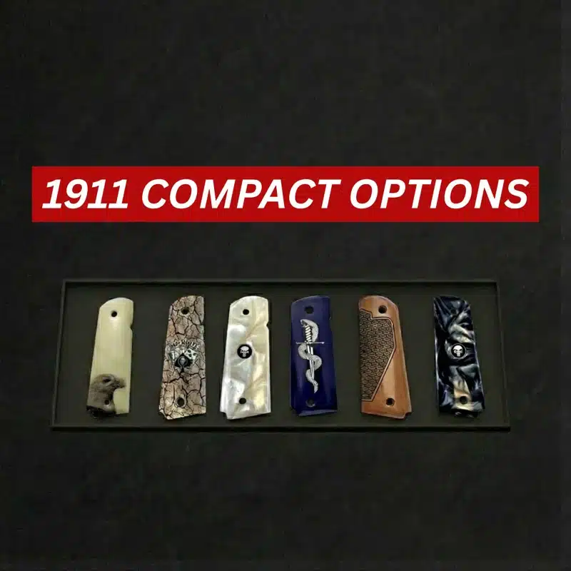 Compact 1911 pistol displayed with multiple grip panel options including wood, G10, and rubber grips for Officer and Defender size frames
