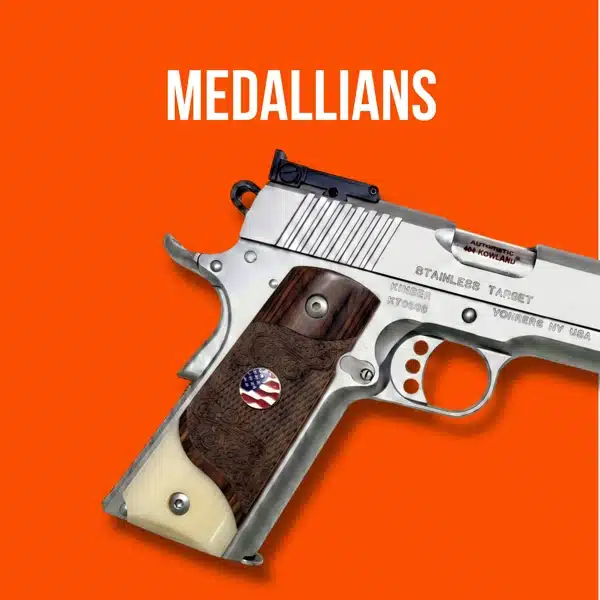 Medallion style gun grips in various wood and material options