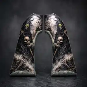 Heritage Grim Reaper grips with UV-printed green-eyed reaper design on high-impact ABS